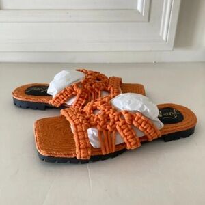 NWOT Free People Sandri Macrame Sandals Orange Crochet Flats Slip On Sz SZ 8.5
